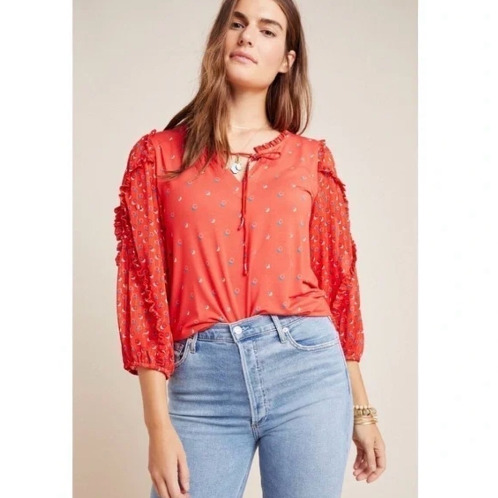 Anthropologie Maeve Top Jacquin Peasant Blouse Ruffle 3/4 Sleeve Red S